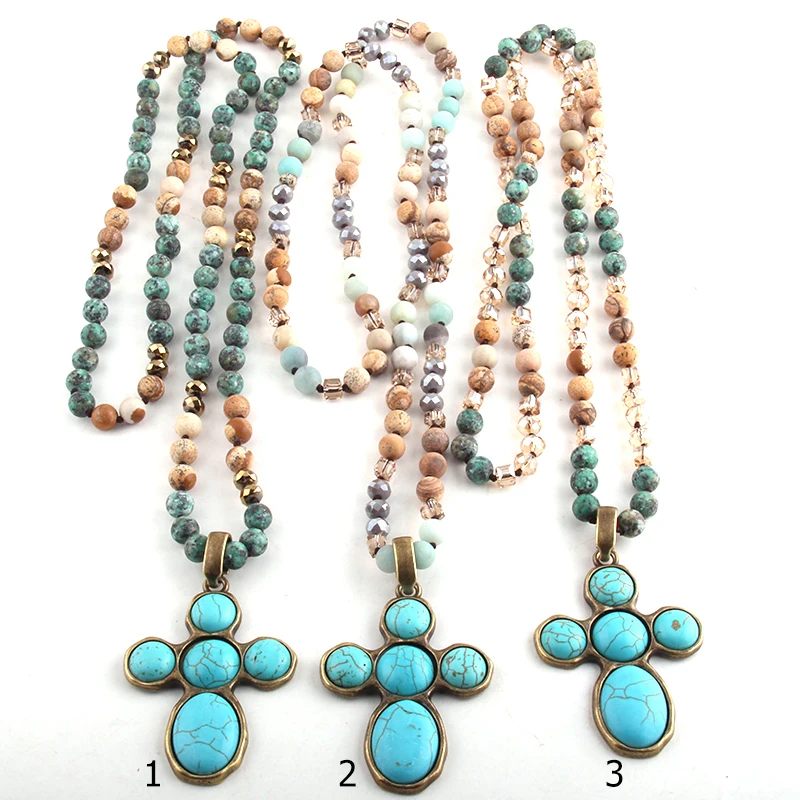 Fashion Bohemian Tribal Jewelry Stone Long Knotted Aqua Cross Necklaces For Women