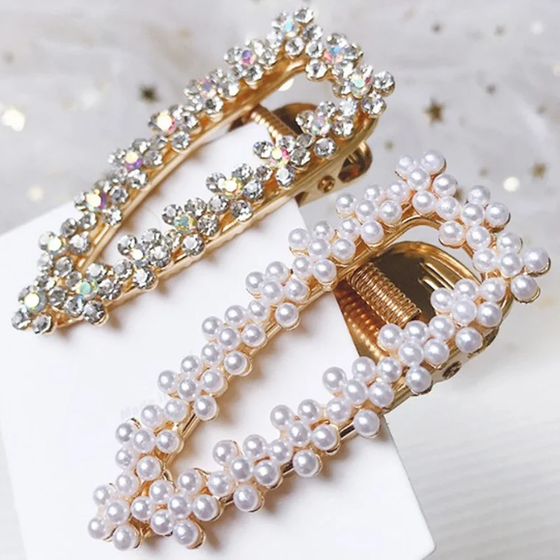 Geometric Crystal Hair Clips Shiny Rhinestones Pearl Waterdrop Hairpins Women Bangs Side Barrette Headwear DIY Styling Ornaments