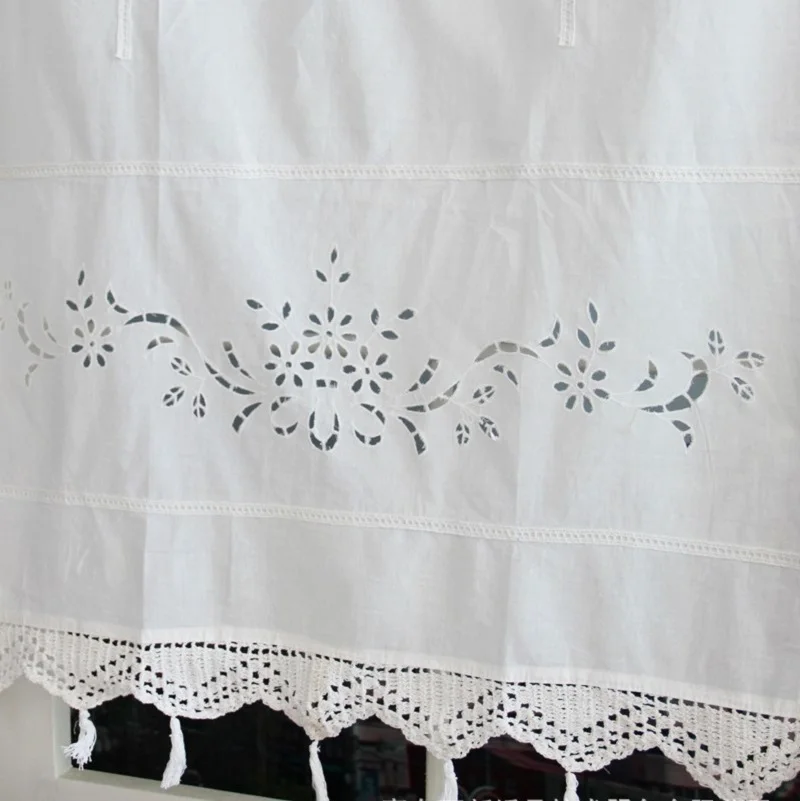 Pastoral Handmade Cotton Blackout Curtains, Crochet Hollow Out, Solid White Short Curtain, Rod Pocket Kitchen Blinds with Tassel