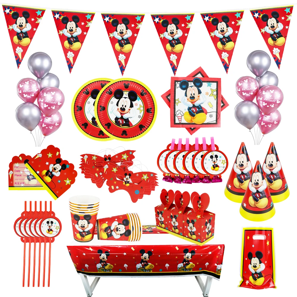 

Disney Red Mickey Mouse Style Birthday Party Balloon Paper Cups Plates Tablecloth Tableware Sets Decorations Kids For Supplies