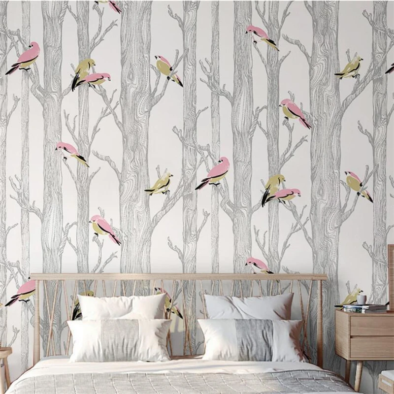 wellyu Nordic flowers and birds birch forest wallpaper modern minimalist non-woven light luxury living room background wallpaper