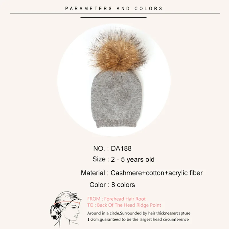 Boys Girls Autumn Winter Baby Hat Wool Skullies Beanies 15cm Real Raccoon Fur Pompom Slouchy Real Fur  Warmer Hats