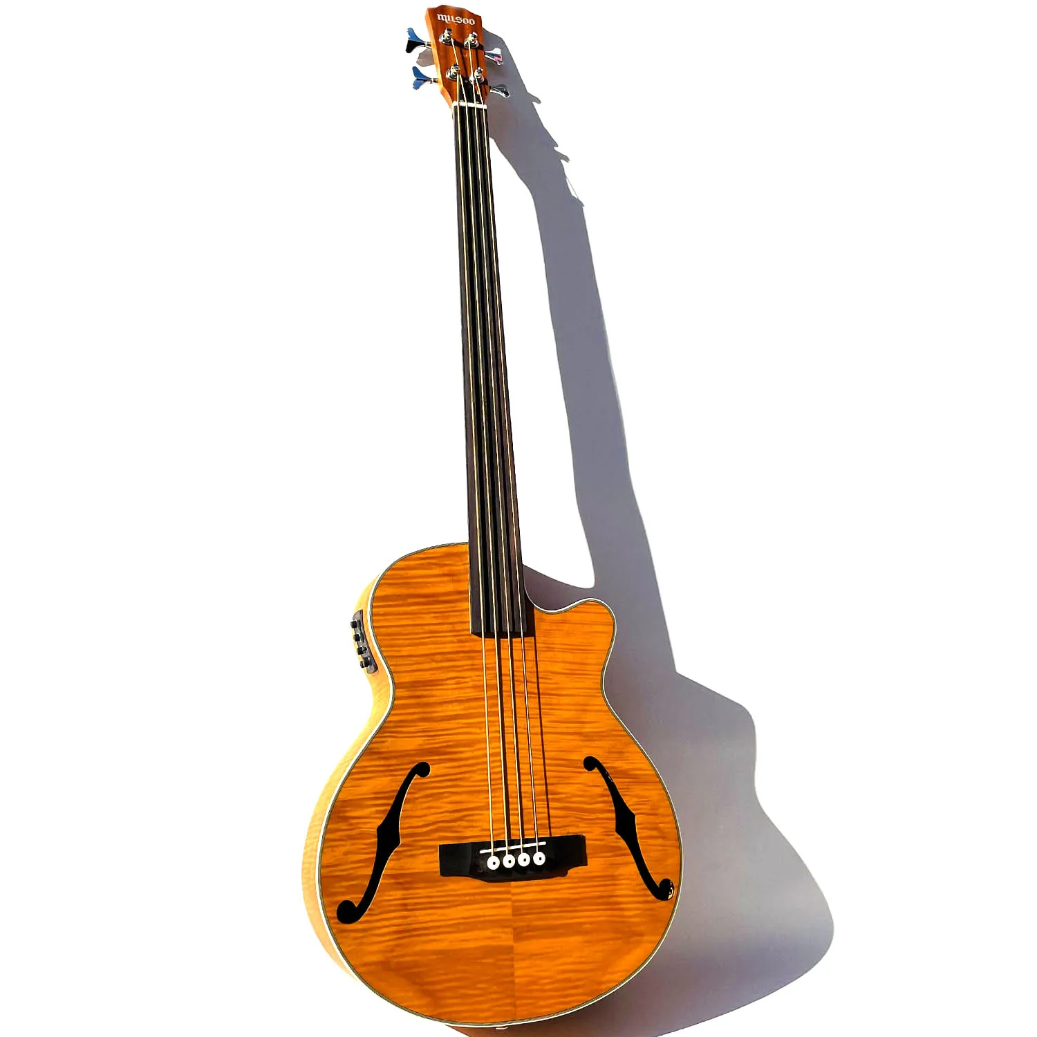 Custom Acoustic Electric Bass Cutaway Style with F Holes with Fretless with EQ IN Yellow