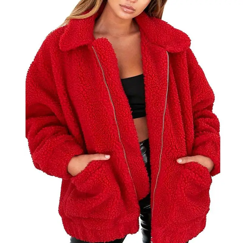 

Women Autumn Winter Warm Soft Jacket Thick Plush Zipper Overcoat Short Outerwear Lapel Sweatshirt Fleece Fur Coat