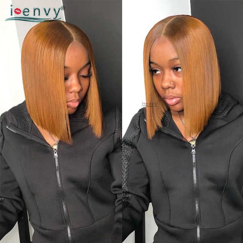 VideoShort-Perruque Bob Lace Front Péruvienne Naturelle, Cheveux Lisses, Blond, Orange, Bordeaux, Rouge, 13x1, Partie Transparente