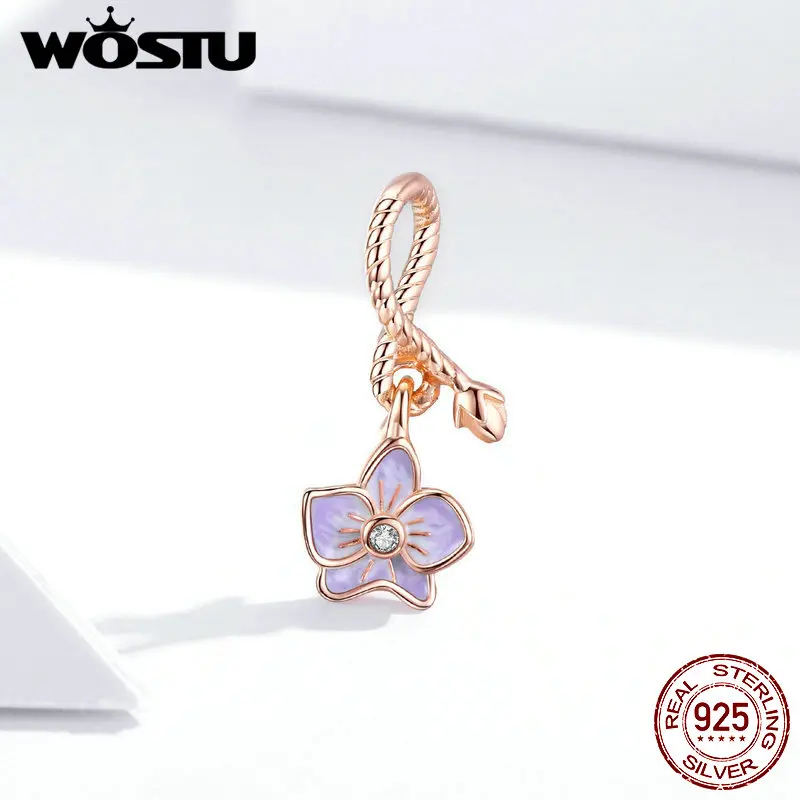 WOSTU Genuine 925 Sterling Silver Purple Phalaenopsis Flower Charm Beads fit Original DIY Bracelet Jewelry Making Gift CTC287