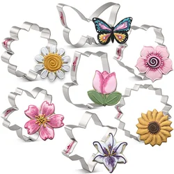 KENIAO Spring Flower Cookie Cutter - Daisy Tulip Lily Kapok Cherry Blossom Sunflower Butterfly Biscuit Mold - Stainless Steel