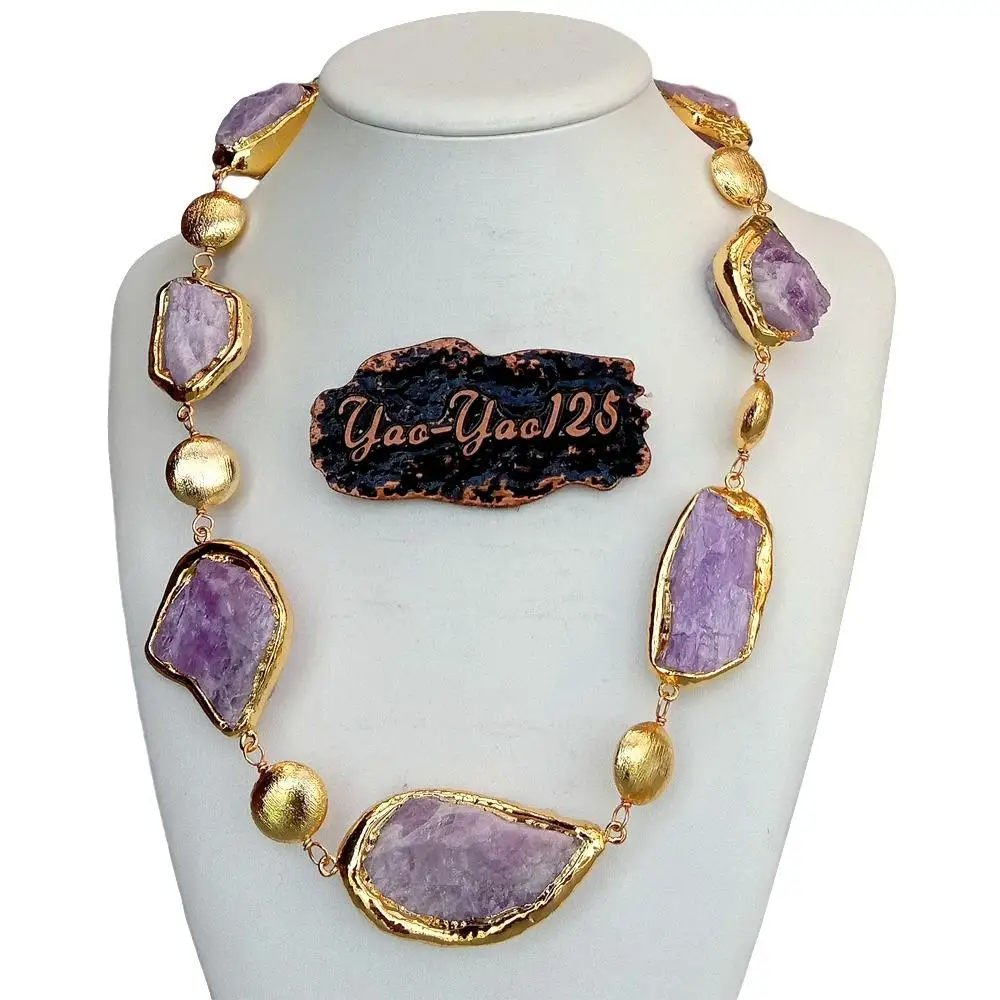 Y·YING Natural Pink Kunzite Rough Raw Gold Plated Edge Brushed Bead Necklace 20