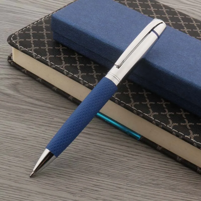 Metal Leather Ballpoint Pen Blue Stainless Steel Gift Spin Stationery Student Office Supplies Ink Pens