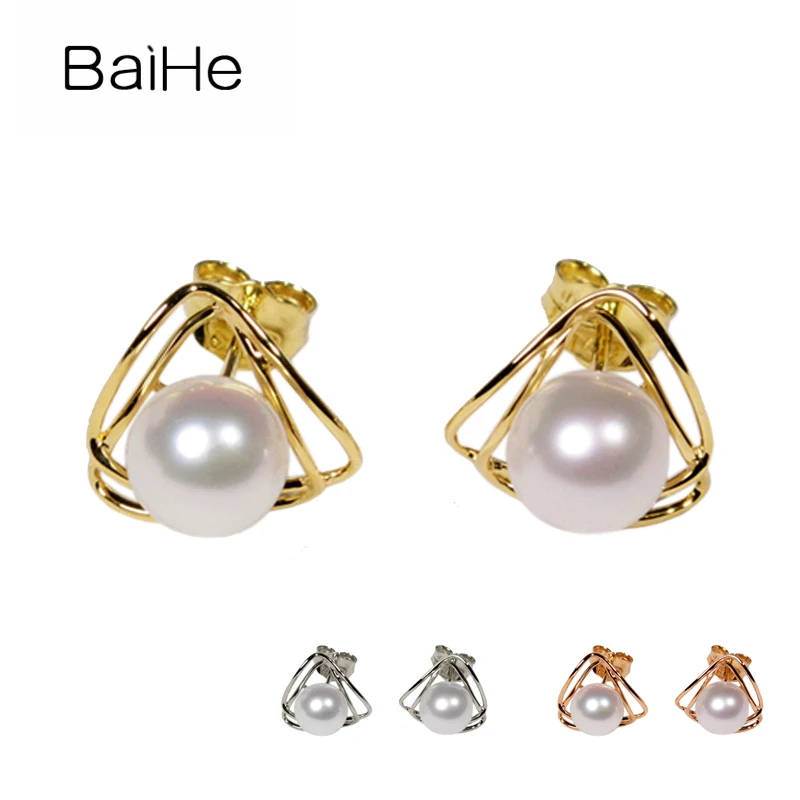 BAIHE Solid 14K Yellow/Rose/White Gold Natural Freshwater Pearls Earrings Women Fine Jewelry Triangle Stud Earrings Engagement