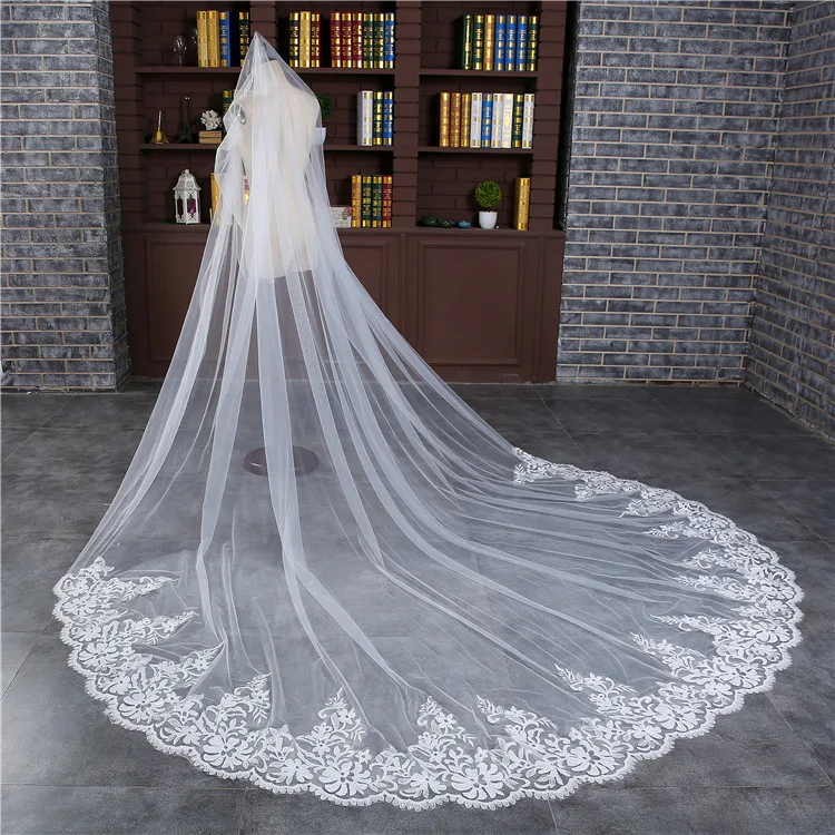 Romantico velo da sposa 3 M cattedrale uno strato di pizzo Appliqued veli da sposa lunghi con pettine donna sposi regali 2018 nuovi accessori