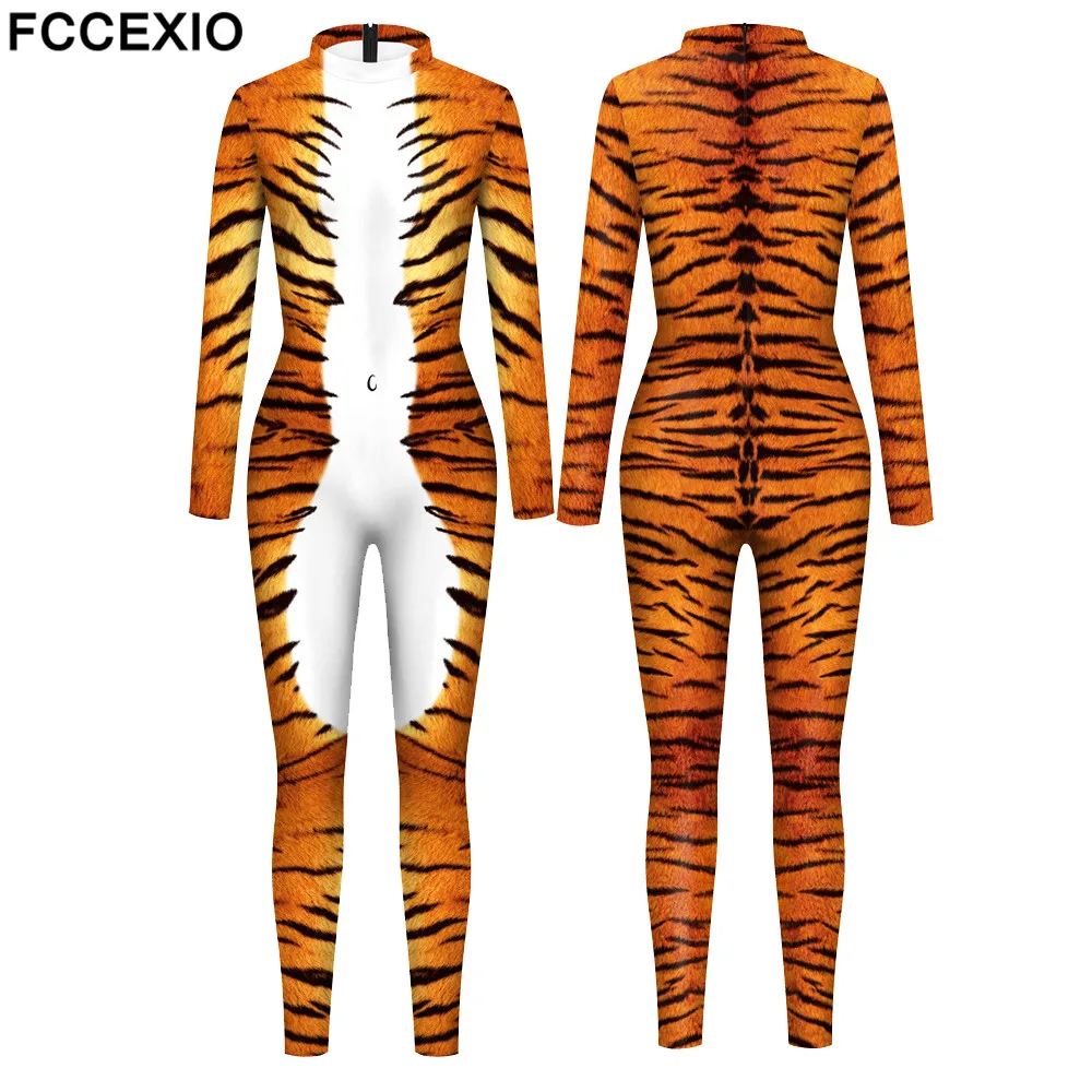 FCCEXIO zwierząt tygrysie paski drukuj przyjęcie świąteczne bezszwowe kostiumy dla dorosłych seksowny kombinezon nosić Cosplay body body Catsuit