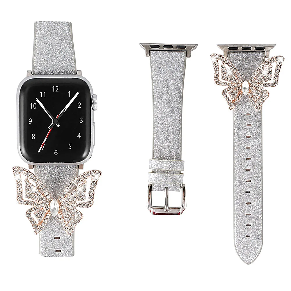 Glitter Butterfly Leather Strap For Apple Watch Band Series 1 2 3 4 5 6 SE Diamond Bracelet For 38 40 42 44mm iWatch Wristband