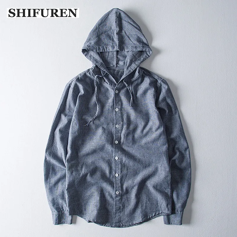 

SHIFUREN New Autumn Men's Casual Cotton Linen Shirts Long Sleeve Soft Breathable Male Hooded Solid Shirts Tops Size M-XXXL