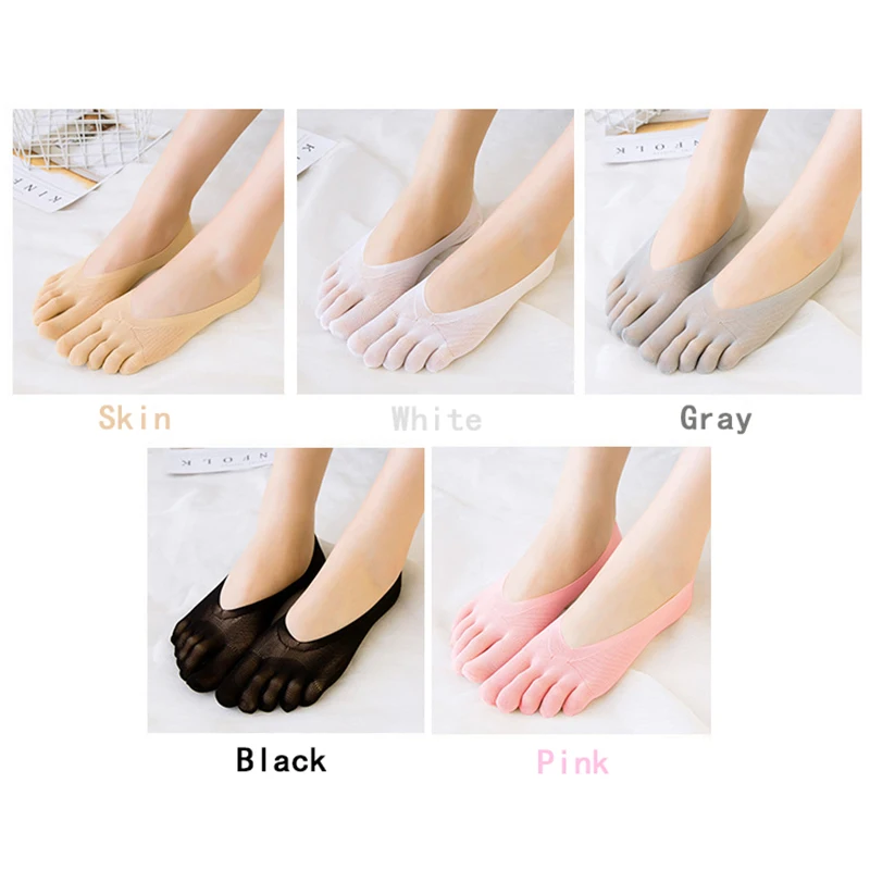 5 Pairs Five Finger Boat Socks Women Spring Summer Thin Plain Weave Shallow Mouth Velvet Ice Silk Sweat Absorbent Toe Socks