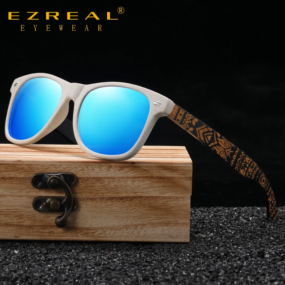 

EZREAL Natural Bamboo Fashion Wooden Sunglasses Handmade Polarized Mirror Coating Lenses With Gift Box Temple Pattern Sunglasses