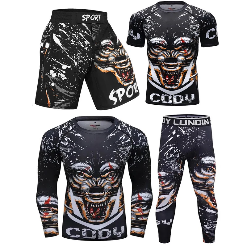 4 Pieces Men's MMA BJJ Rashguard T Shirts Rash Guard Fitness Tracksuit Boxing Jersey Set Muay Thai Men MMA Kickboxing Sport Suit