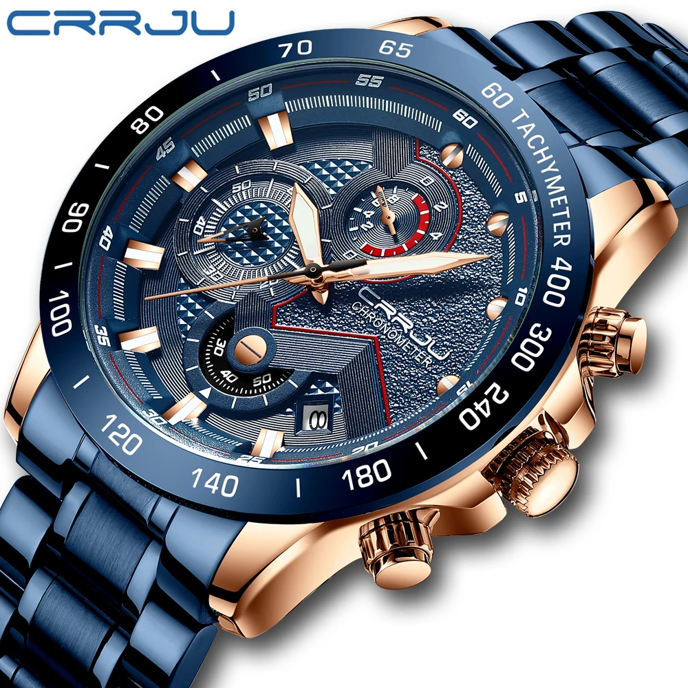 

CRRJU 2021 New Fashion Mens Watches with Stainless Steel Top Brand Luxury Sports Chronograph Quartz Watch Men Relogio Masculino