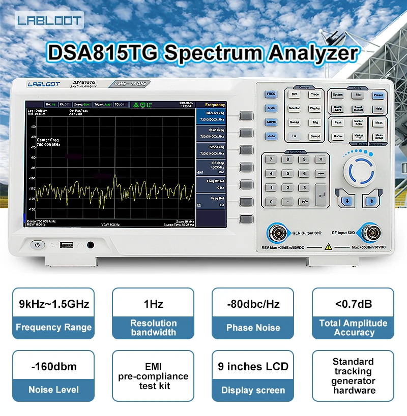 DSA815-TG LABLOOT analizator widma 1.5 GHz z generatorem śledzenia, rozdzielczość 9 \