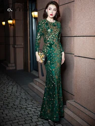 Green Mermaid Prom Dresses With Long Sleeves Modest O-Neck Floor-Length Luxury Appliques Sequined Women Evening Gowns