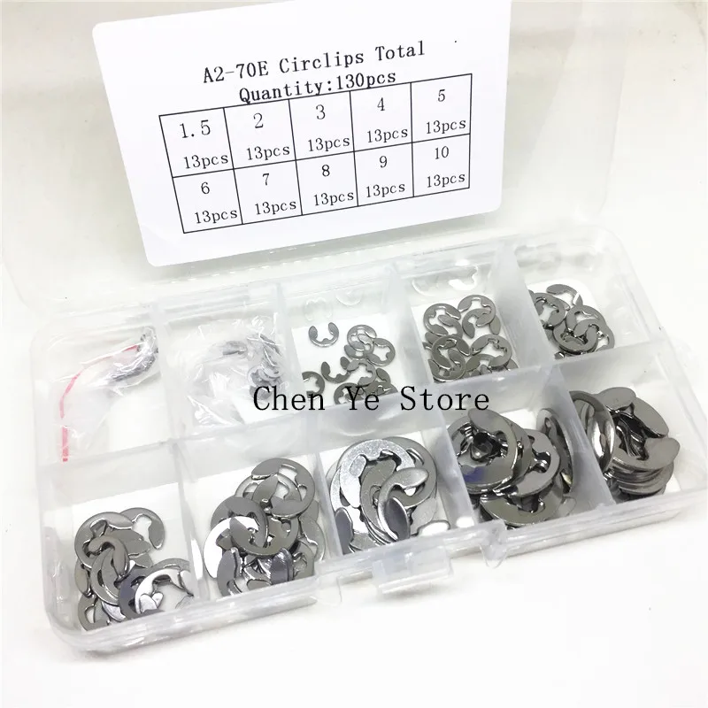 130PCS 304 Stainless Steel Stainless Steel E Clip washer Assortment Kit Circlip retaining ring for shaft fastener M1.5~M10