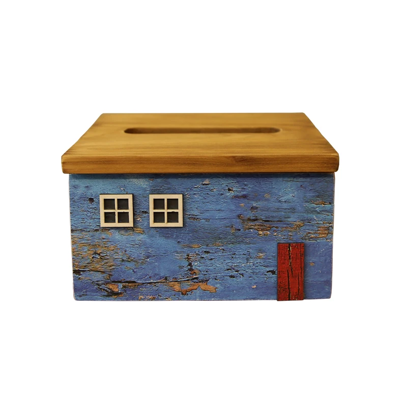 American style wood tissue box in the shape of colorful house