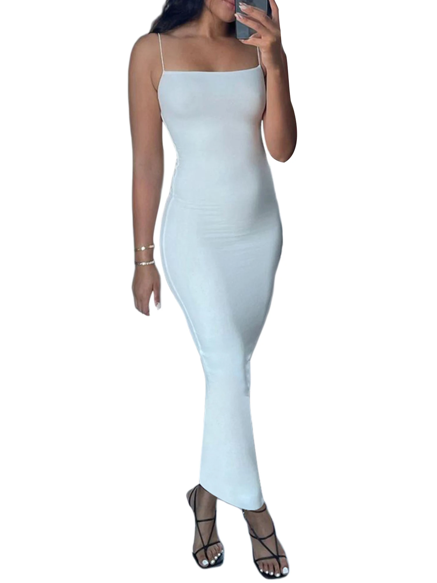 

Women's Sexy Bodycon Midi Dress, Sleeveless Spaghetti Strap Solid Color Club Cocktail Dress