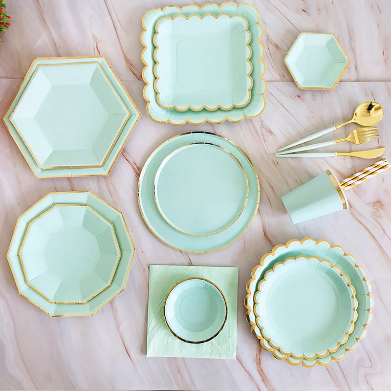 Mint Green Gold Striped Party Disposable Tableware Napkins Paper Straw Cup Plates Birthday Wedding Decoration Party Supplies