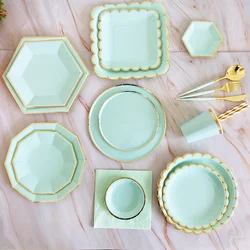 Mint Green Gold Striped Party Disposable Tableware Napkins Paper Straw Cup Plates Birthday Wedding Decoration Party Supplies