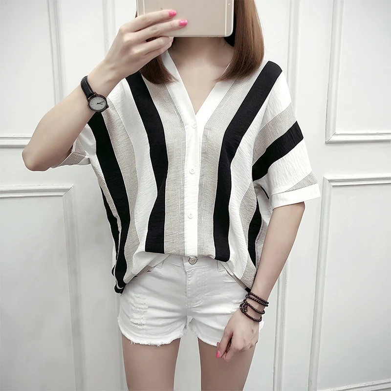 

Women Striped Blouse Shirt Half Sleeve Blouse V-neck Shirts Casual Tops Blouse et Chemisier Femme Blusas Mujer de Moda