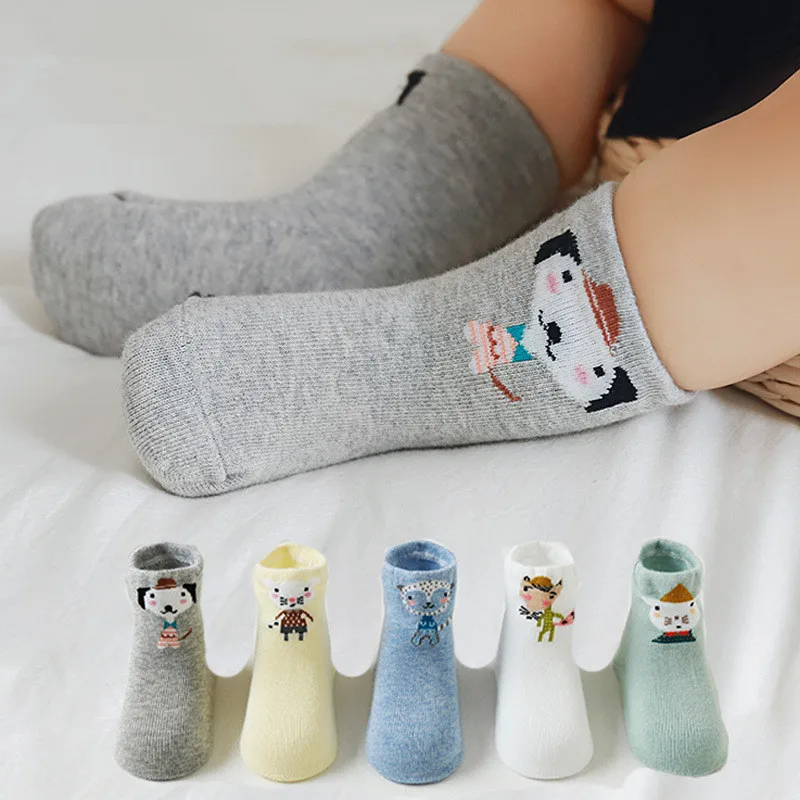 Chaussettes en coton avec motif animal mignon pour bébé, chaussettes optiques pour nouveau-nés, garçons et filles, automne et hiver, 5 paires par lot, 4 ans