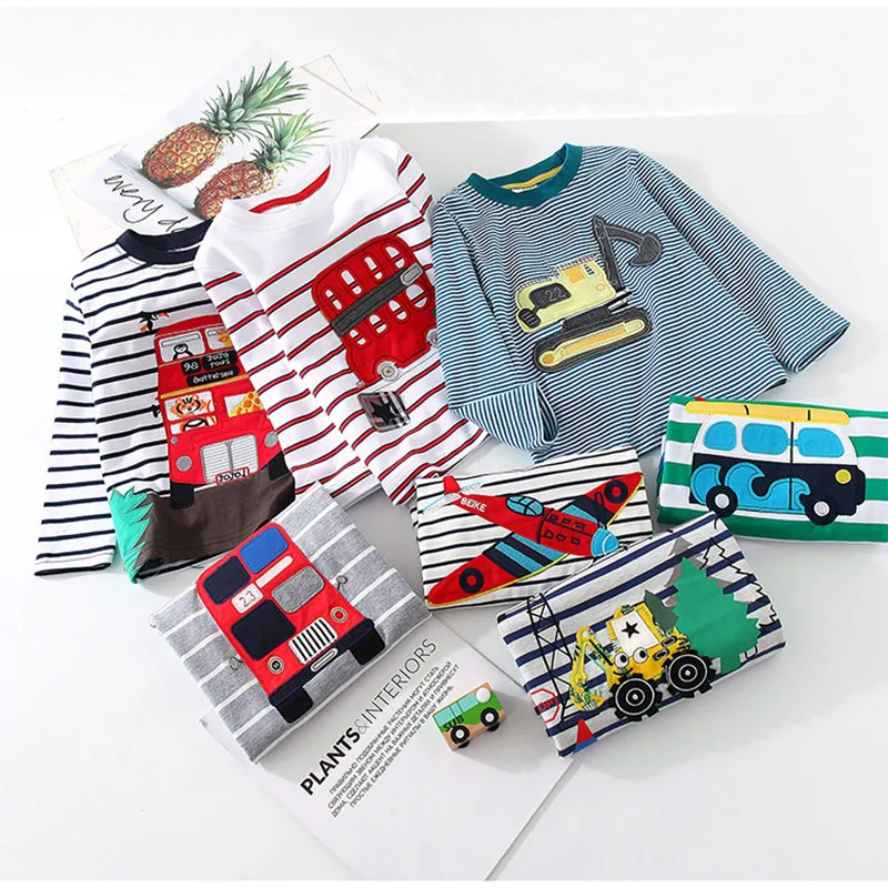 Boys T-shirt Kids Tees Baby Child Boy Cartoon Tops Spring Children Tee Long Sleeve Cotton Cars Trucks Bus Striped Autumn Shirt