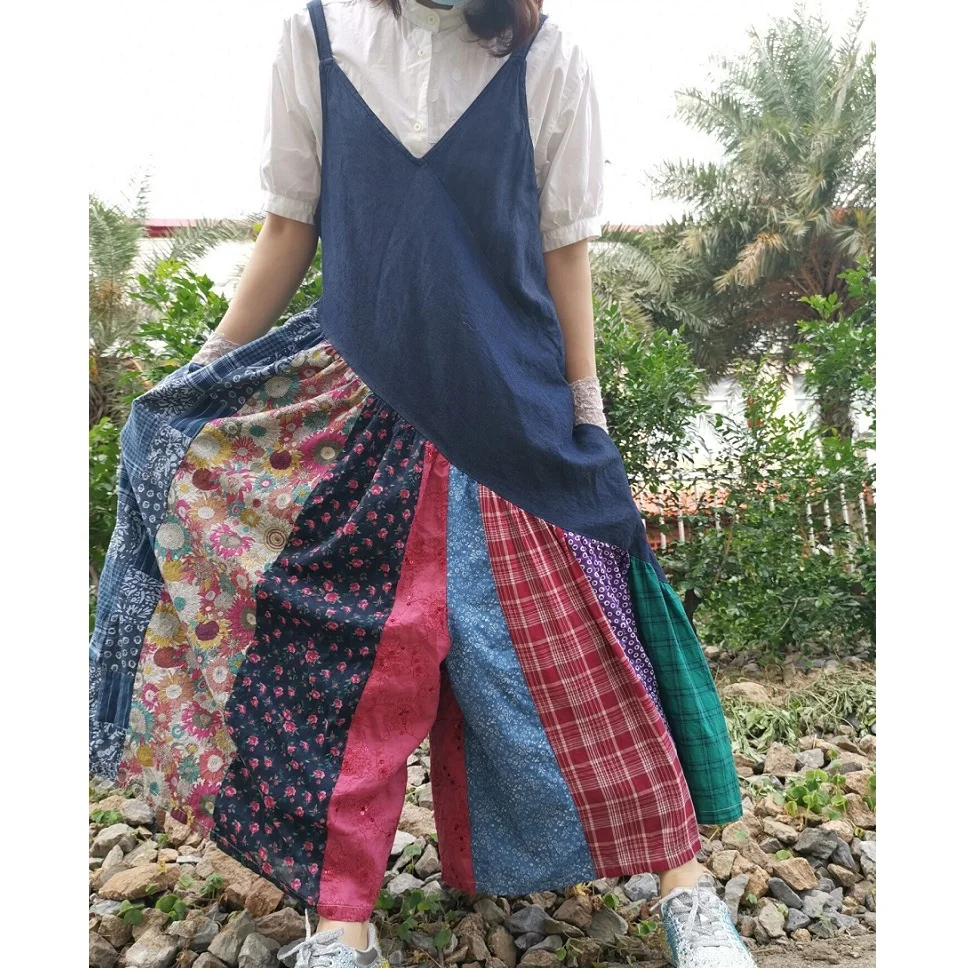 Original Denim Pastoral Floral Plaid Suspenders Long Culottes Wide Leg Pant Linen Pants For Women