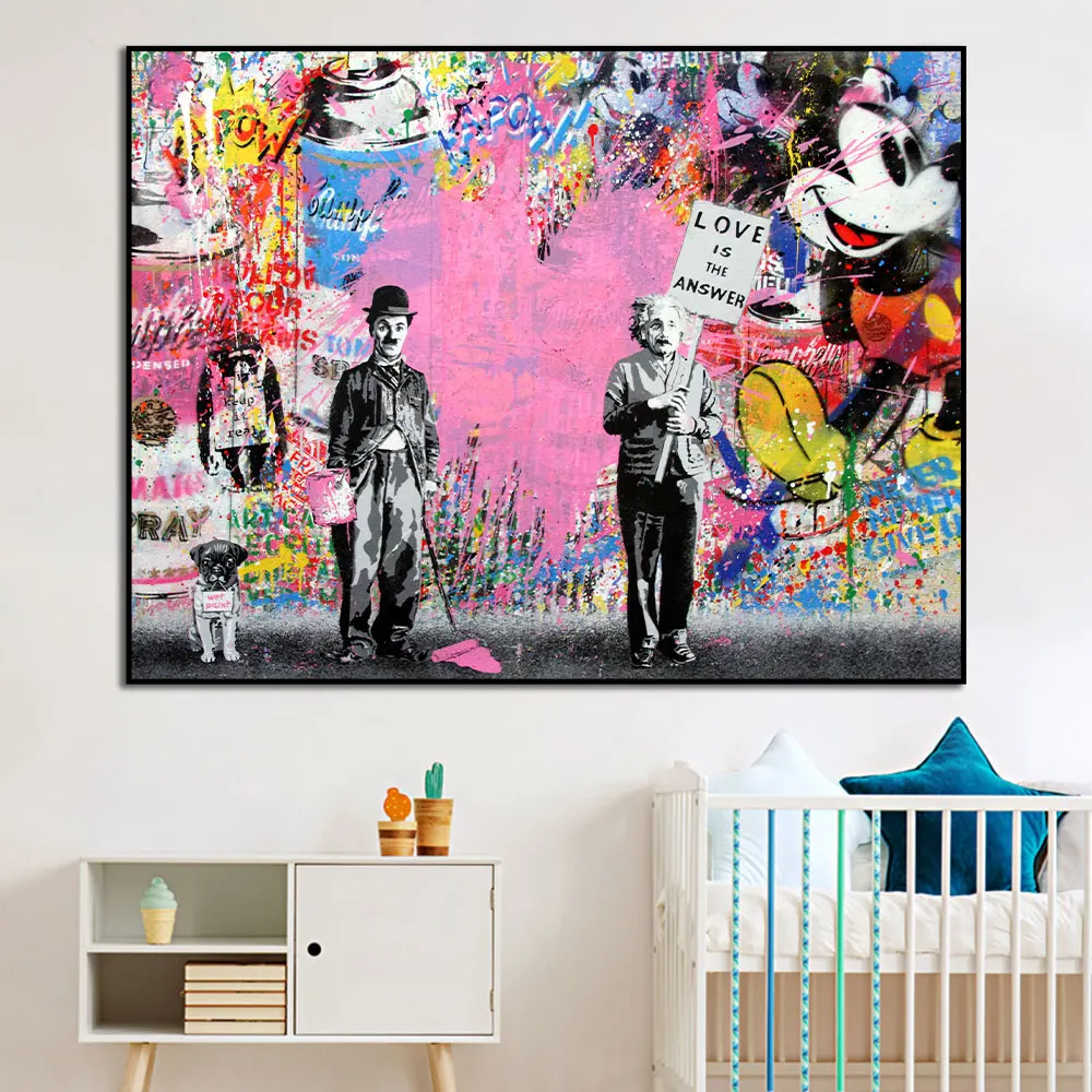 Disney Art Mickey Mouse Graffiti Fashion Canvas Prints Cartoon Picture On Home Decor Wall Art Painting Love is Answer The Poster