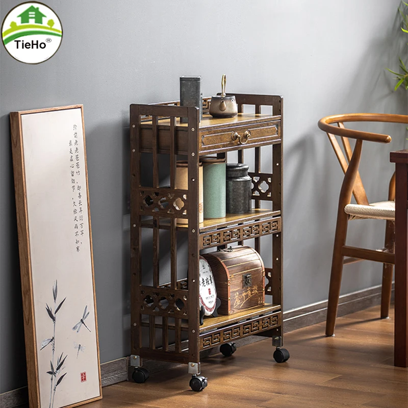 TieHo Kitchen Shelf Retro Teapots Shelf Rack New Chinese Tea Set Rack Tea Storage Cabinet Bamboo Floor Kitchen Storage Shelf