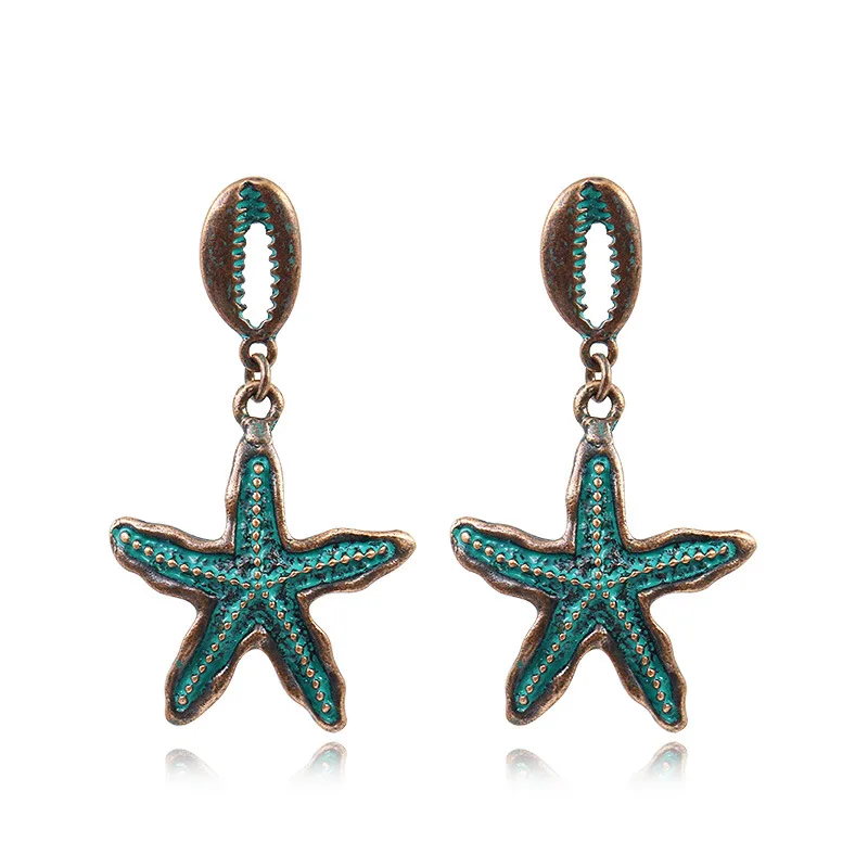 Pendientes colgantes de concha de estrella de mar Vintage para mujer, joyería de declaración Bohemia, pendientes de aleación de latón anticobre