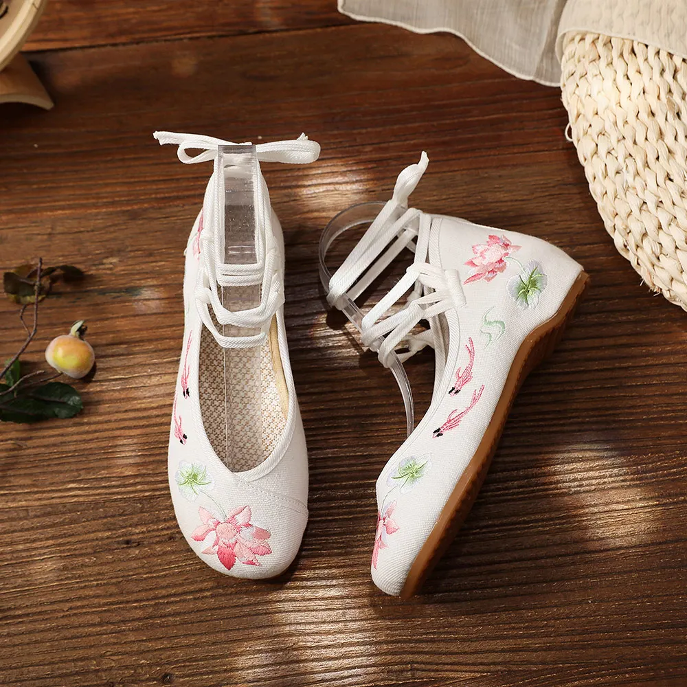 Veowalk Women Ankle Strap Cotton Fabric Ballet Flats Flowers Embroidered Ladies Casual Comfortable White Shoes Ballerinas Shoes