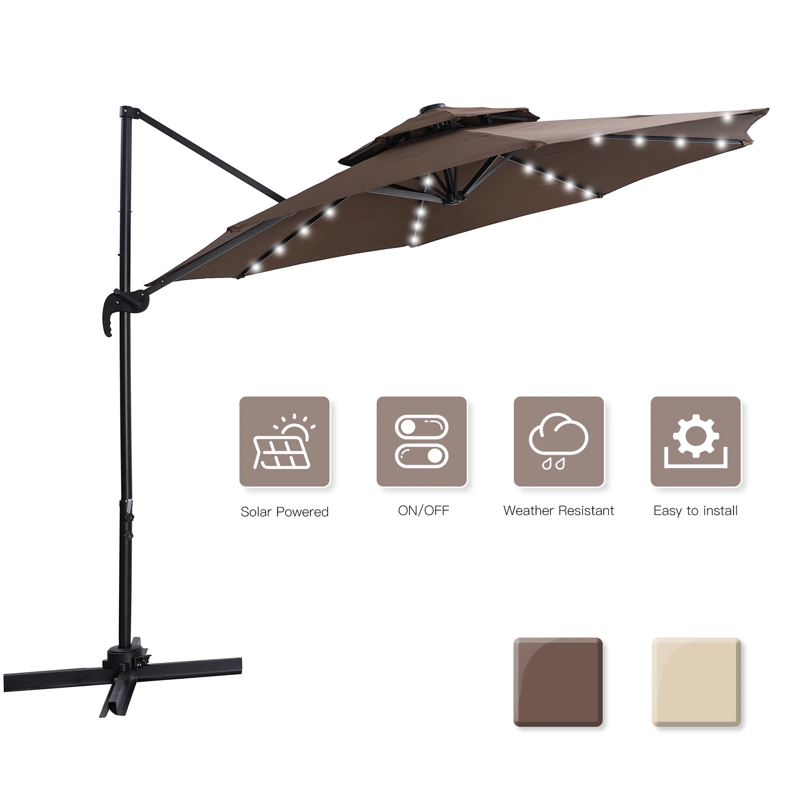 10 FT Solar Powered LED Patio Outdoor Umbrella Hanging Umbrella Cantilever  Open Lift 360 Degree Rotation with 32 LED Lights