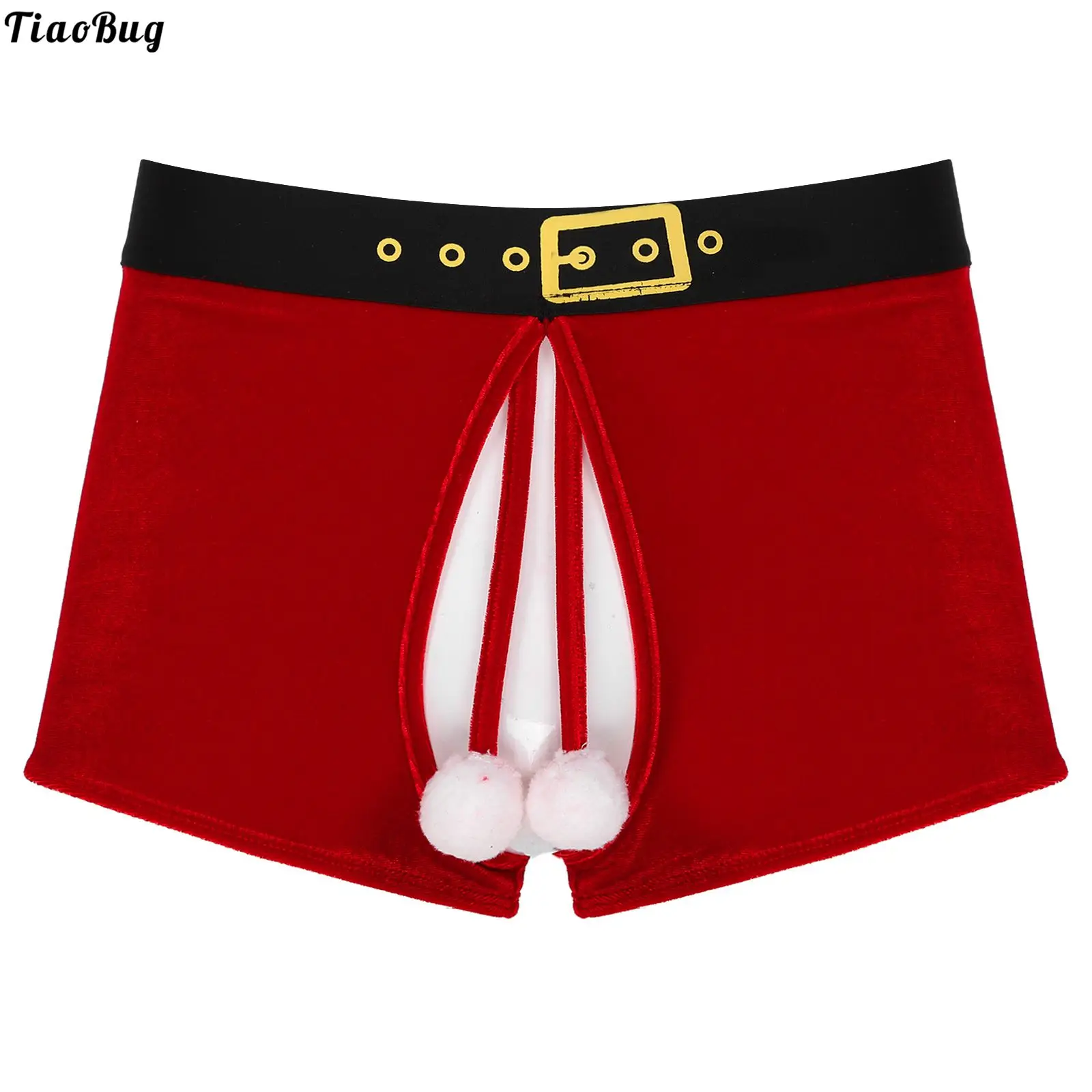 TiaoBug Men Christmas Costumes Crotchless Velvet Boxer Shorts Fluffy Ball Decor Lingerie Underwear Elastic Waistband Underpants