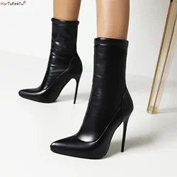 Botki za kostkę Kobiety 2022 Jesień Zima Szpilki Czarny PU Leather Flock Sexy Nightclub Pumps Rozmiar 34~48 Party Shoe Zapatos De Mujer