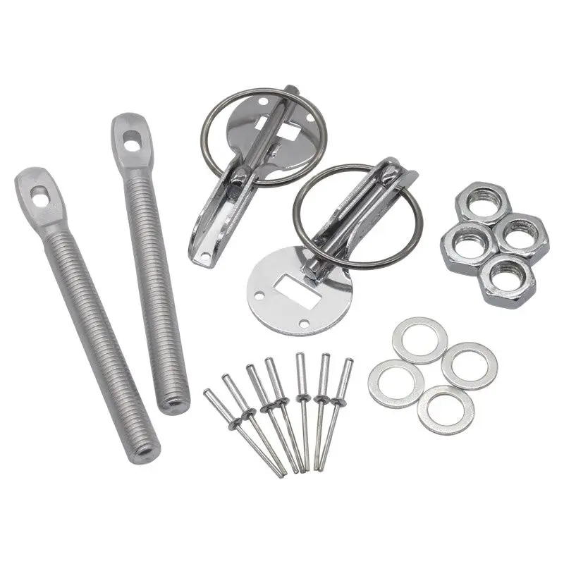 Universal Logo Car Racing Engine Bonnet Silver Hood Pin Flip Over Security Lock Kit Set