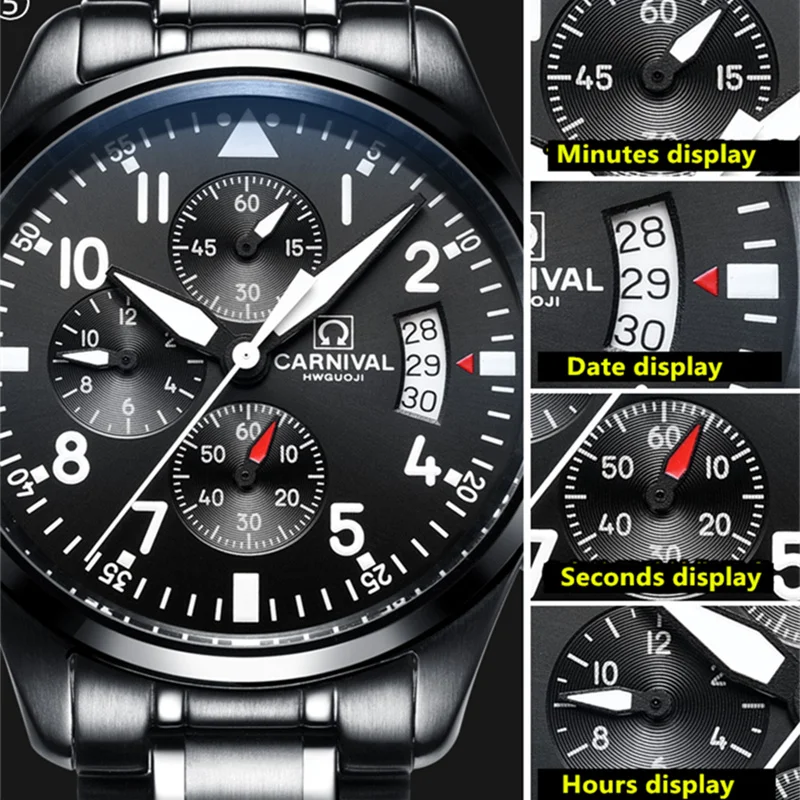 Cronografo luminoso militare running sport full steel men stop watch cinturino in vera pelle orologi di marca di lusso sapphire reloj