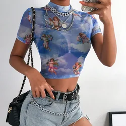 Angel Print Mesh Sexy Fashion T Shirt Crop Top collo alto manica corta Graphic Tees donna Streetwear Harajuku camicie vendita calda