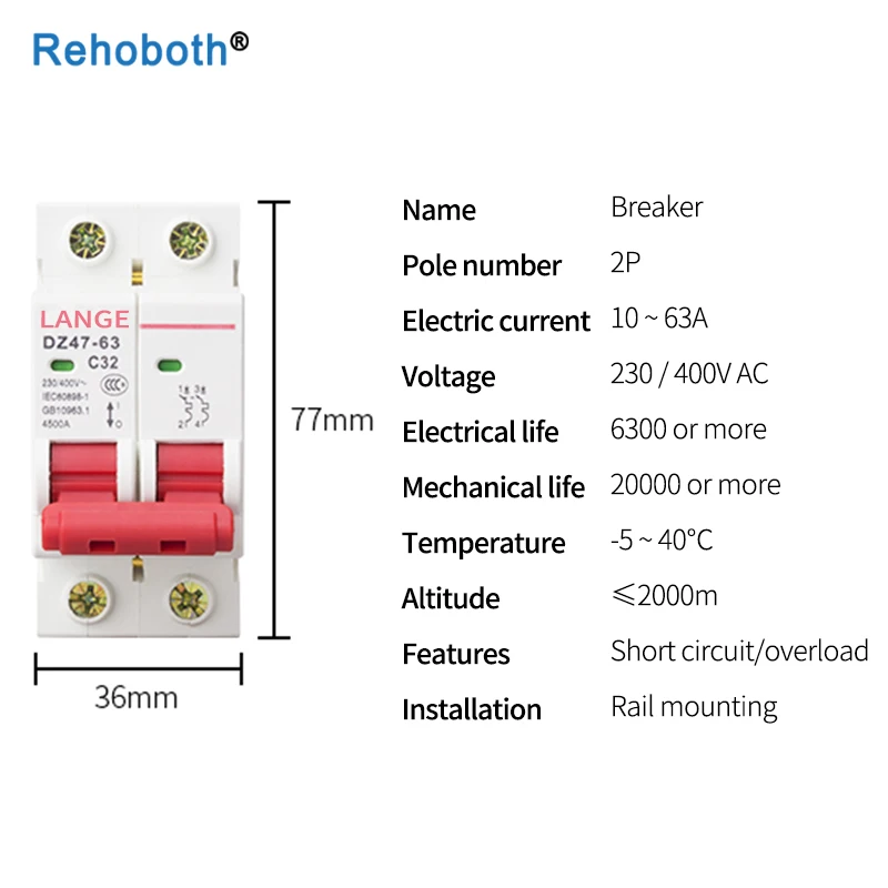 2P Mini Air Circuit Breaker Protector AC 10A/16A/32A/50A/63A Switch MCB