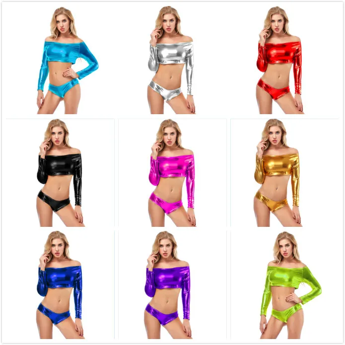 Candy Color Shiny PU Faux Leather Crop Top Sexy Tops Pole Dance Night Club Wear Bustier Off Collar Colthing