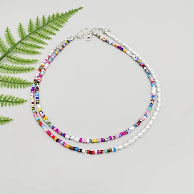 Colorful Rice Beads Imitation Pearls Necklace for Women Silver Color Fish Line Necklaces Female 2021 Fashion Jewelry New