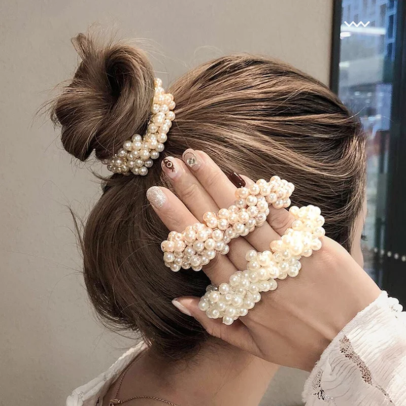 Pearl Hair Bands Women Girls Scrunchie Ponytail Holder Pearl Beads Women Hair Bands Elastic Rubber Rope Ties Hair Accessories