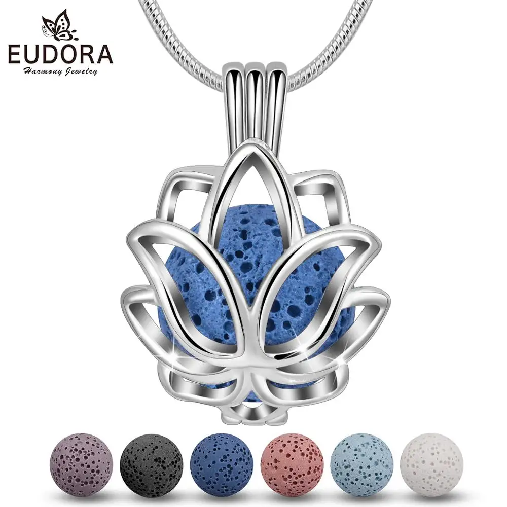 EUDORA 14mm Lotus blossom Lockets Pendant Aromatherapy locket Diffuser Necklace fit Volcanic Lava Stone Ball Fine Jewelry K325