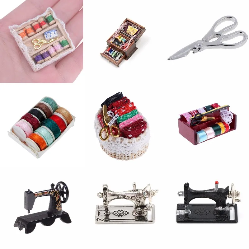 1:12 1:12 Mini Sewing Machine Sewing Box with Needle Scissors Kit Simulation Home Furniture Dollhouse Miniature Accessories