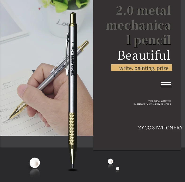 2.0 Metallischer Druckbleistift für Schüler, zum Zeichnen und Schreiben, mit kostenlosem Radiergummi, 5 Bleistiftminen und Spitzer – Detail 2